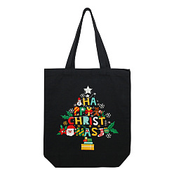 Colorful DIY Christmas Tree Pattern Black Canvas Tote Bag Embroidery Kit, including Embroidery Needles & Thread, Cotton Fabric, Plastic Embroidery Hoop, Colorful, 390x340x100mm
