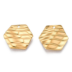 Chapado en Oro Real 18K Revestimiento iónico (ip) 304 colgantes de acero inoxidable, encanto hexagonal, real 18 k chapado en oro, 17x19x2 mm, agujero: 1.2 mm