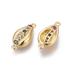 Golden Brass Micro Pave Cubic Zirconia Links, Cowrie Shell, Colorful, Golden, 17.5x8.5x3.5mm, Hole: 1.2mm