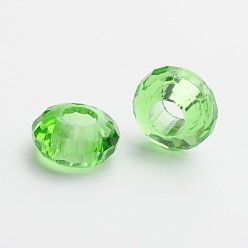 Vert Clair 76 verre à facettes perles européennes, Perles avec un grand trou   , pas de noyau métallique, rondelle, vert clair, 14x7mm, Trou: 5.5mm
