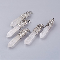 Cristal de Quartz Pendentifs en cristal de quartz naturel, cristal de roche, avec les accessoires en alliage, facette, balle, platine, 59~63x11~12mm, Trou: 4x7mm