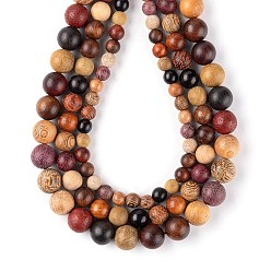 Coloré 3 brins de perles de bois naturel de style, ronde, colorées, 6~10mm, Trou: 1~1.2mm, à propos de 3 brins/sac