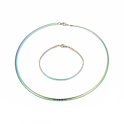 Rainbow Color 304 Stainless Steel Choker Necklaces and Bangles Jewelry Sets, with Lobster Claw Clasps, Rainbow Color, 8-1/8 inch(20.5cm), 17.7 inch(45cm), 4mm