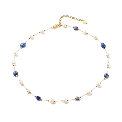 Lapis Lazuli Natural Lapis Lazuli & Pearl Beaded Necklace, Gold Plated Stainless Steel Jewelry for Women, 15.98~16.14 inch(40.6~41cm)