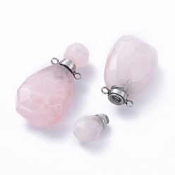 Rose Quartz Faceted Natural Rose Quartz Openable Perfume Bottle Pendants, with Stainless Steel Color Tone 304 Stainless Steel Findings, 36.5~37x18~18.5x13.5mm, Hole: 1.8mm, Bottle Capacity: 1ml(0.034 fl. oz)