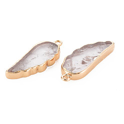 Quartz Crystal Natural Quartz Crystal Pendants, Rock Crystal Pendants, with Light Gold Plated Iron Loop, Wing, 33~33.5x12~13x5~6mm, Hole: 1.8mm