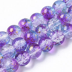 Medium Orchid Transparent Spray Painted Crackle Glass Bead Strands, with Golden Foil, Round, Medium Orchid, 8~9mm, Hole: 1.2~1.5mm, about 46~56pcs/Strand, 14.37 inch~16.3 inch(36.5~41.4cm)