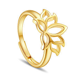 Real 18K Gold Plated SHEGRACE 925 Sterling Silver Adjustable Rings, Lotus, Real 18K Gold Plated, Size 8, 18mm
