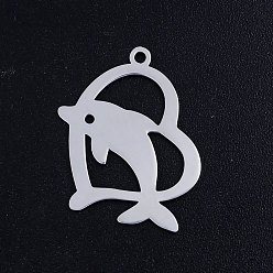 Stainless Steel Color 201 Stainless Steel Pendants, Dolphin with Heart, Stainless Steel Color, 24.5x18x1mm, Hole: 1.5mm