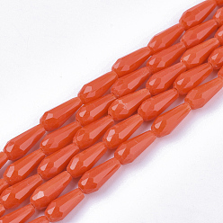 Orange Red Opaque Solid Color Glass Beads Strands, Imitation Jade, Faceted, Teardrop, Orange Red, 9~10x4mm, Hole: 1mm, about 72pcs/Strand, 26.38~27.17 inch(67~69cm)