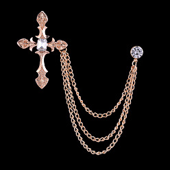 Light Gold Religion Cross Hanging Chain Brooch with Rhinestone, Alloy Pin for Men's Suit Shirt Collar, Light Gold, 33~48mm