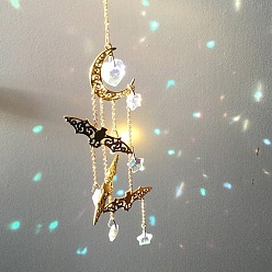Golden Halloween Bat & Moon Alloy Hanging Ornaments, Star/Heart Glass Tassel Suncatchers for Home Decorations, Golden, 400~600mm