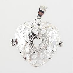 Silver Rack Plating Brass Cage Pendants, For Chime Ball Pendant Necklaces Making, Hollow Heart, Silver Color Plated, 27x28x23mm, Hole: 4x6mm, inner measure: 20x20mm