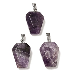 Amethyst Natural Amethyst Pendants, Faceted Hexagon Charms with Rack Plating Stainless Steel Color Plated 201 Stainless Steel Snap on Bails, Cadmium Free & Lead Free, 28.5~31x18~20x7~8mm, Hole: 3x8mm