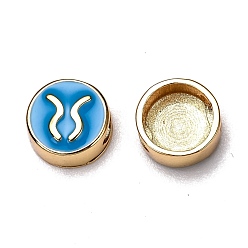 Taurus Brass Beads, with Enamel, Flat Round with Constellation, Real 18K Gold Plated, Dodger Blue, Taurus, 10x5mm, Hole: 4.5x2.5mm