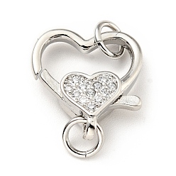 Platinum Brass Micro Pave Clear Cubic Zirconia Heart Lobster Claw Clasps, with Double Jump Rings, Cadmium Free & Lead Free, Platinum, 21mm, Hole: 3.5mm