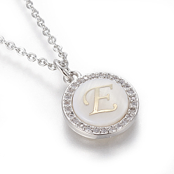 Letter E Brass Initial Pendant Necklaces, with Shell, Cubic Zirconia and 304 Stainless Steel Cable Chains, Flat Round with Letter, Letter.E, 17.5 inch(44.5cm), 1.5mm
