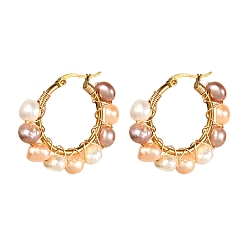 White Vintage Natural Pearl Beads Earrings for Girl Women, 304 Stainless Steel Hoop Earrings, Golden, White, 32x36x7.5mm, Pin: 0.8mm