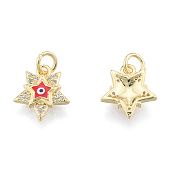 Red Brass Micro Pave Clear Cubic Zirconia Charms, with Enamel and Jump Rings, Real 18K Gold Plated, Nickel Free, Star with Evil Eye, Red, 13x11.5x2.5mm, Jump Ring: 5mm in diameter, 1mm thick, 3mm thick