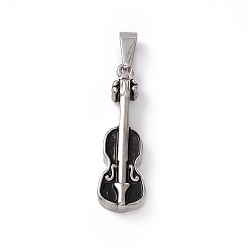 Antique Silver Tibetan Style 304 Stainless Steel Pendants, Musical Instrument Charm, Violin, Antique Silver, 40.5x12.5x6.5mm, Hole: 9x4mm