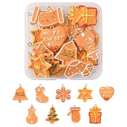 Mixed Color 18Pcs 9 Styles Christmas Theme Opaque Resin Pendants, with Platinum Tone Iron Loops, Imitation Gingerbread, Mixed Shapes, Mixed Color, 24~32x18~26.5x3.5~4mm, Hole: 2mm, 2pcs/style