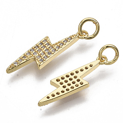 Real 18K Gold Plated Brass Micro Pave Cubic Zirconia Pendants, Lightning, Real 18K Gold Plated, 21x6x2mm, Hole: 3mm