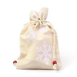 Snowflake Christmas Theme Cotton Fabric Cloth Bag, Drawstring Bags, for Christmas Party Snack Gift Ornaments, Snowflake Pattern, 22x15cm