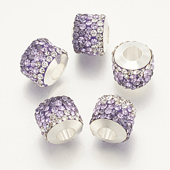 Violet Argile polymère strass perles européennes, Perles avec un grand trou   , avec des noyaux uniques en laiton de tonalité de platine, colonne, violette, 10x11~12mm, Trou: 4.5mm