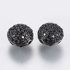 Gunmetal Brass Micro Pave Cubic Zirconia Beads, Hollow Rondelle, Black, Gunmetal, 8.5x5mm, Hole: 1mm