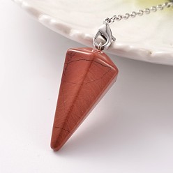 Red Jasper Platinum Tone Brass Red Jasper Cone Hexagonal Pointed Dowsing Pendulums, with Lobster Claw Clasps, 230x3mm