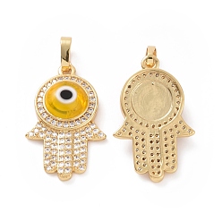 Gold Brass Micro Pave Cubic Zirconia Pendants, with Handmade Evil Eye Lampwork, Hamsa Hand Charm, Real 18K Gold Plated, Gold, 25x16x5mm, Hole: 4x6.5mm
