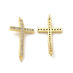 Real 18K Gold Plated Brass Micro Pave Clear Cubic Zirconia Connector Charms, Religion Cross Links, Real 18K Gold Plated, 31x16x3.5mm, Hole: 1.2mm