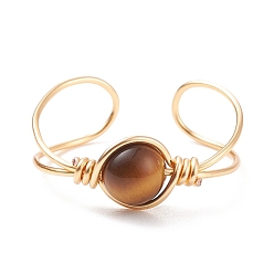 Tiger Eye Natural Tiger Eye Round Beaded Open Cuff Ring, Copper Wire Wrap Gemstone Jewelry for Women, Golden, US Size 9(18.9mm)