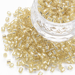 Verge D'or Pâle 8/0 perles de bugle de verre, Argenté, verge d'or pale, 2.5~3x2.5mm, Trou: 1mm, environ 15000 pcs / livre