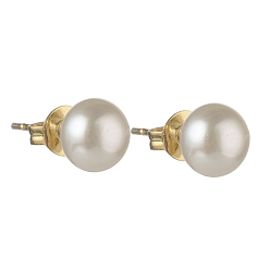 White Natural Pearl Rondelle Stud Earrings, 304 Stainless Steel Earring Post, Golden, White, 7~7.5mm, Pin: 0.7mm
