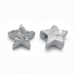 Silver Plated Electroplate Natural Druzy Quartz Charms, Star, Silver Plated, 12~12.5x13x5~7mm, Hole: 0.8mm