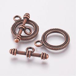Red Copper Alloy Ring Toggle Clasps, Red Copper, Ring: 22x17x2mm, Hole: 2.5mm, Bar: 24x9x4mm, Hole: 3mm
