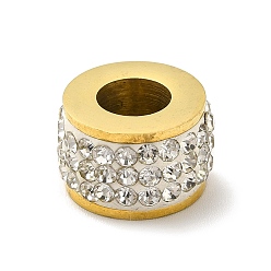 Oro Revestimiento iónico (ip) 304 cuentas europeas de acero inoxidable, cuenta con hueco grande, con diamantes de imitación de cristal, columna, dorado, 13.5x8.5 mm, agujero: 6 mm