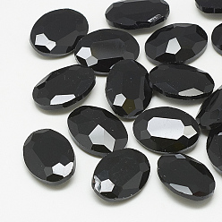Jet Pointed Back Glass Rhinestone Cabochons, Faceted, Oval, Jet, 12x10x5mm
