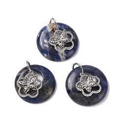 Sodalite Natural Sodalite Pendants, Flat Round Charms, with Platinum Tone Brass Flower with Butterfly Findings, Cadmium Free & Nickel Free & Lead Free, 30~35x28~32x10~10.5mm, Hole: 2mm