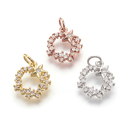 Mixed Color Brass Micro Pave Cubic Zirconia Charms, Lead Free & Cadmium Free & Nickel Free, Ring with Star, Hollow, Mixed Color, 12x14x2mm, Hole: 3mm