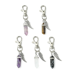 Mixed Stone Natural Gemstone Double Terminated Pointed Pendant Decorations with Alloy Wing Charm, with Alloy Swivel Lobster Claw Clasps, 79~80mm