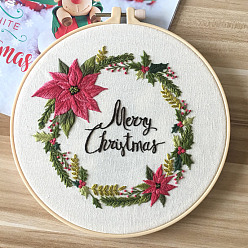 Christmas Wreath Kits de inicio de bordado, incluyendo tela e hilo de bordado, aguja, Hoja de instrucciones y bastidor de bordado de imitación de bambú., Guirnalda de la Navidad, 300x300 mm