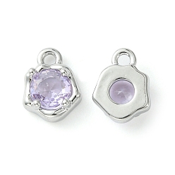 Lilac Brass Micro Pave Cubic Zirconia Charms, Irregular Shape Charm, Real Platinum Plated, Lilac, 9x7x3mm, Hole: 1.4mm