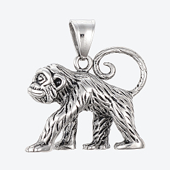 Antique Silver 304 Stainless Steel Pendants, Large Hole Pendants, Ape, Antique Silver, 26x32x13mm, Hole: 5x9mm