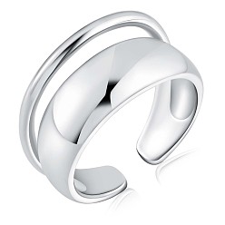 Platinum Rhodium Plated 925 Sterling Silver Double Layered Open Cuff Ring for Women, Platinum, US Size 6 1/2(16.9mm)