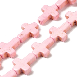 BrumosaRosa Hilos de perlas sintéticas teñidas de turquesa, religión cruz, rosa brumosa, 15.5x12x4 mm, agujero: 1.4 mm, sobre 24~26 unidades / cadena, 14.96''~16.14'' (38~41 cm)