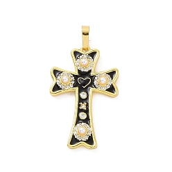 Black Real 18K Gold Plated Eco-friendly Rack Plating Brass Enamel Pendants, with ABS Platic Imitation Pearls and Rhinestone, Cadmium Free & Lead Free, Long-Lasting Plated, Cross Charm, Black, 30x19x3.5mm, Hole: 3.5x6mm