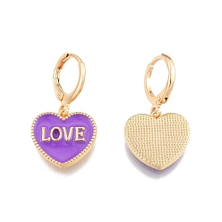 Blue Violet Heart with Word Love Enamel Dangle Leverback Earrings, Real 18K Gold Plated Brass Jewelry for Women, Cadmium Free & Nickel Free & Lead Free, Blue Violet, 28mm, Pin: 1mm