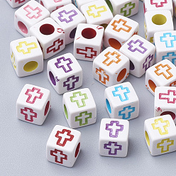 White Craft Style Acrylic Beads, Cube with Cross, White, 6x6x6mm, Hole: 3mm, about 3000pcs/500g